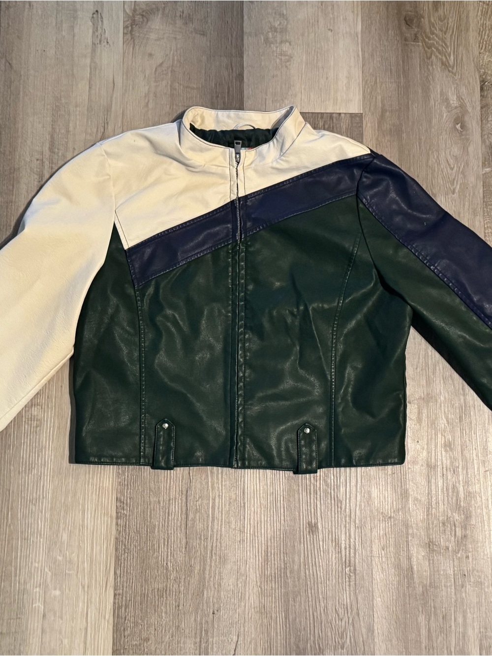 Urban Outfitters Colorblock Faux Leather Jacket - Green, White & Navy